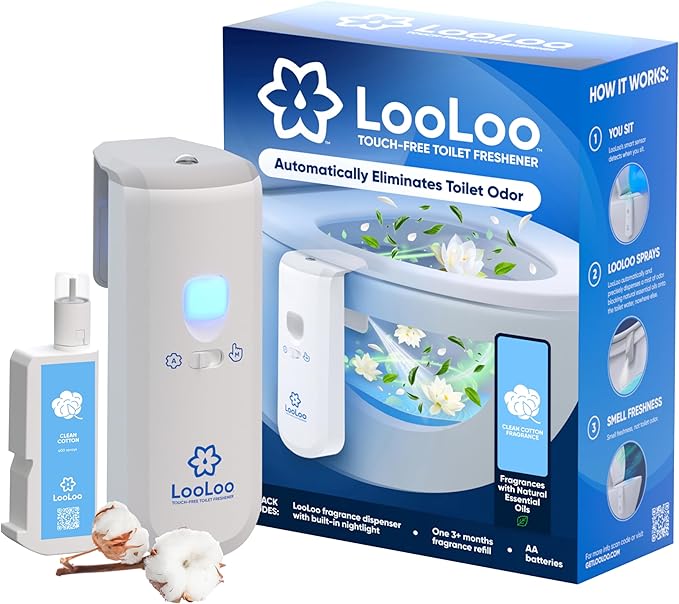 LooLoo 3.0 Touch Free Toilet Freshener Automatic Air Freshener Spray for Bathroom Starter Kit with Light and Toilet Deodorizer, Bathroom Spray Odor Eliminator - Clean Cotton