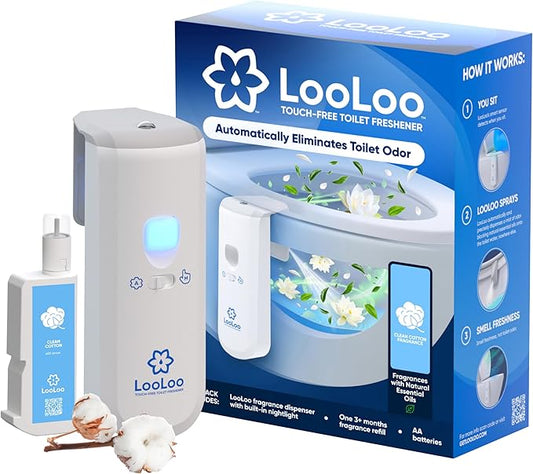 LooLoo 3.0 Touch Free Toilet Freshener Automatic Air Freshener Spray for Bathroom Starter Kit with Light and Toilet Deodorizer, Bathroom Spray Odor Eliminator - Clean Cotton