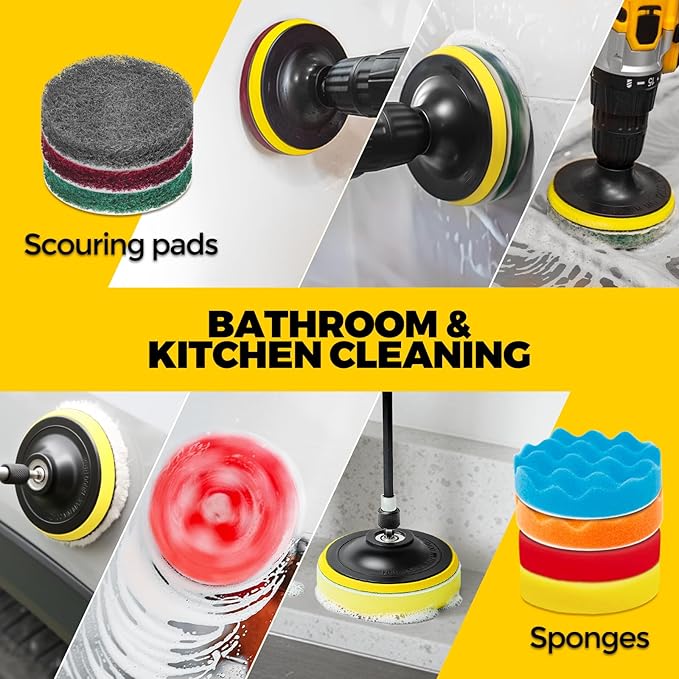 Holikme 22Pack Drill Brush Attachments Set, Scrub Pads & Sponge, Buffing Pads, Power Scrubber Brush, Car Polishing Pad Kit,Wax Applicator Pad,Car Cleaning Kit，Cleaning Supplies，Masonry Brushes,Black