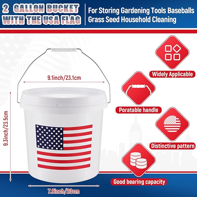 6 Pcs 2 Gallon Plastic Bucket with Lid and Handle, Large White Heavy Duty Bucket with American Flag for Home Gardening Tools Household Cleaning Baseballs Storage Container