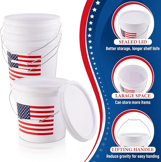 6 Pcs 2 Gallon Plastic Bucket with Lid and Handle, Large White Heavy Duty Bucket with American Flag for Home Gardening Tools Household Cleaning Baseballs Storage Container