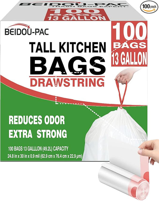 Trash Bags 13 Gallon Drawstring, 100 Count, Multifold Roll Garbage Bags, Tall Kitchen Trash Bag, Odorless & Extra strength White Plastic Food Scrap Bag for Home Office Bathroom Kitchen Bins