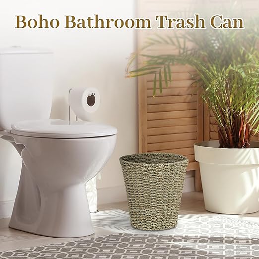 Boho Wicker Trash Can with Lid,Waterproof Bathroom Trash Can Hand Woven Wicker Waste Baskets for Kitchen Office Bedroom