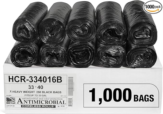 Aluf Plastics High Density Trash Bags, 33 Gallon, 1000 Count, 16 Micron (eq), 33" x 40", Black, for Bathroom, Office, Industrial, Commercial, Janitorial, Municipal, Recycling