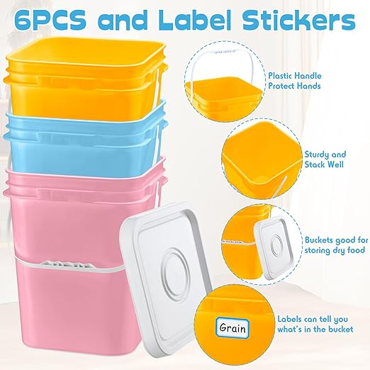 Vesici 6 Pcs 5 Gallon Food Grade Square Buckets with Lids 5 Gal Plastic Food Storage Square Bucket Heavy Duty Industrial Pail Container with DIY Label Stickers Handles for Water Painting(Mix Color)