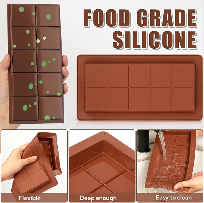 2 Pack Dubai Chocolate Bar Mold Deep Chocolate Molds Silicone with 100 Pcs Bags and 1 Pcs Scraper Set Big Chocolate Bar Mold for Filling Pistachio Chocolates Bars Homemade Candy Making