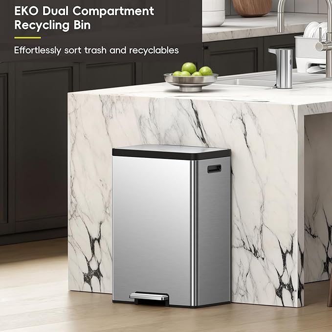 EKO EcoCasa II Rectangular Kitchen Step Trash Can, 20L+20L Dual Compartment Recycling Bins, Stainless Steel Lid and Pedal, Odor-Proof, Fingerprint Resistant