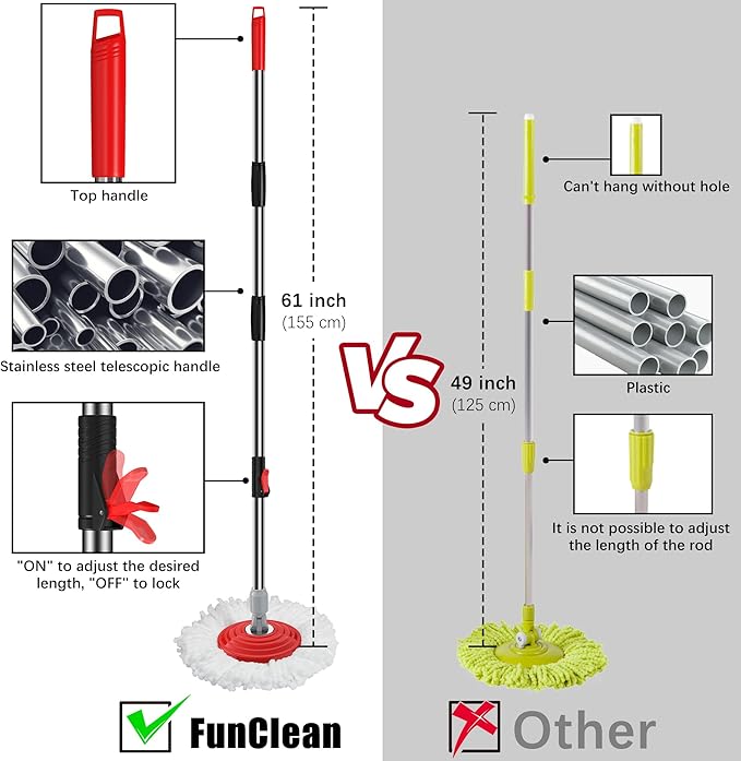 FunClean Spin Mop and Bucket,Mop and Bucket with Wringer Set for Home,360 Spinning Mopping Floor Cleaning Tool with 4 Microfiber Replacement Head Refills,61" Extended Handle, 2X Wheel - Black