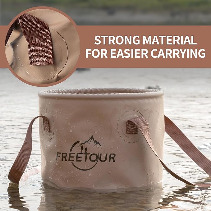 Baiao Collapsible Bucket 5 Gallon, Portable Collapsible Bucket with Handle, Folding Water Container for Fishing Camping Beach Hiking Home Travel Car Washing(Khaki 20L)