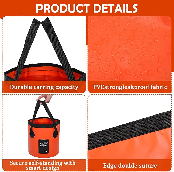 3 Pcs 20L (5-Gallon) Collapsible Bucket Set – Portable Foldable Water Container with Handle for Camping, Hiking, Fishing, Car Washing (Black, Orange, Blue)