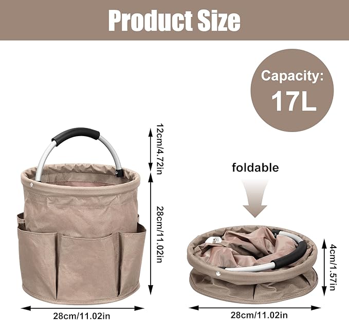 Cleaning Caddy with Handle, 17L Cleaning Supply Caddy Foldable Bucket Organizer Cleaning Products Organizers Cleaning Tools Bag 4.5 Gallon (Khaki)
