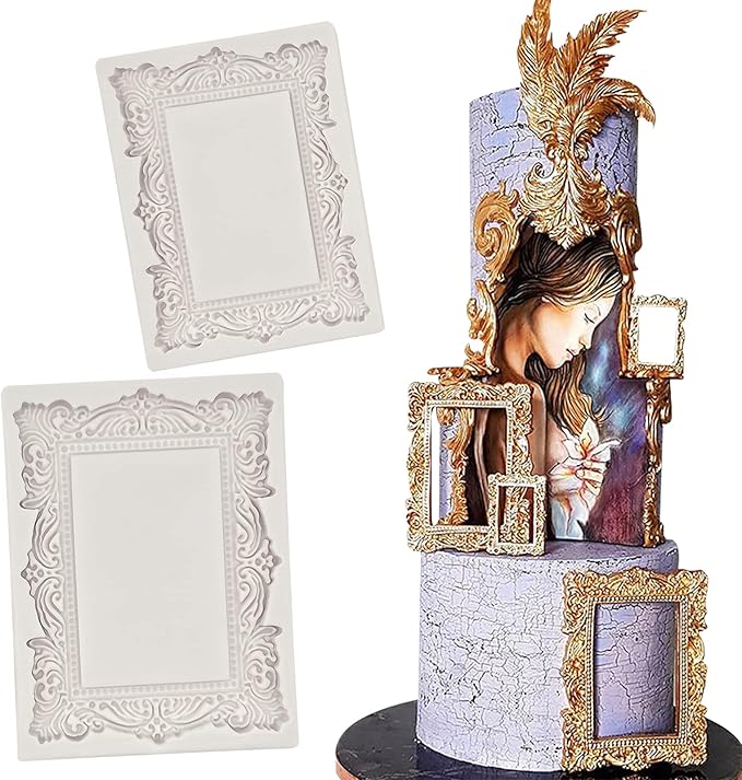 Baroque Photo Frame Fondant Molds, 2 Pcs Cake Decorating Silicone Molds for Candy Chocolate, Sugar Craft Paste, Cupcakes, Wedding Sets, Christmas Thanksgiving Cake Decorating, Clay, Epoxy Projects