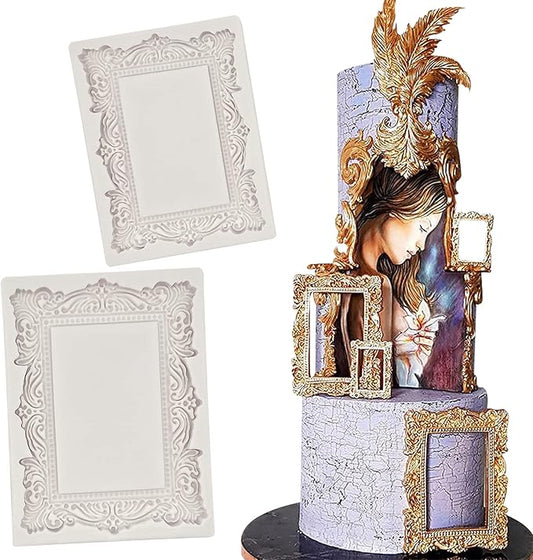 Baroque Photo Frame Fondant Molds, 2 Pcs Cake Decorating Silicone Molds for Candy Chocolate, Sugar Craft Paste, Cupcakes, Wedding Sets, Christmas Thanksgiving Cake Decorating, Clay, Epoxy Projects