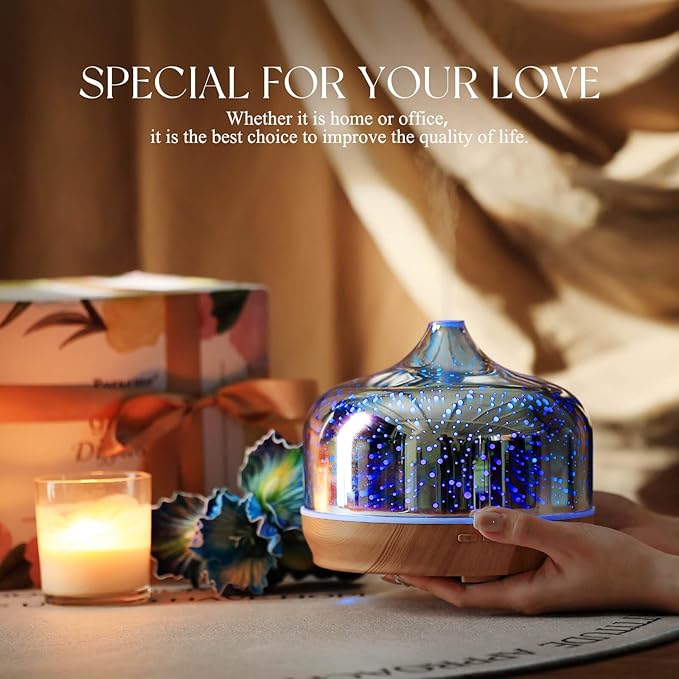 Porseme 500ml Essential Oil Diffuser 3D Glass Aromatherapy Ultrasonic Humidifier - Auto Shut-Off, Timer Setting, BPA Free for Home Hotel Yoga Gift