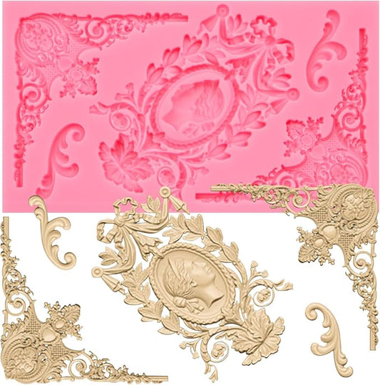 Vintage Baroque Frame Silicone Mold, Victorian Ornate Corner Decorative Mold for Cake Decorating, Pink
