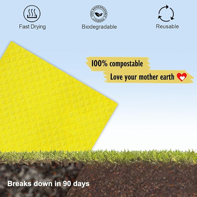 Swedish Dishcloths for Kitchen | 6 Pack Absorbent Cellulose Sponge Cloths Washable | Non-Scratch Reusable Paper Towels Quick Drying Cleaning Cloths - Yellow