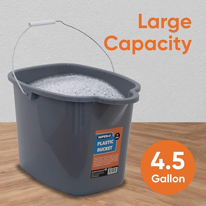 Superio Plastic Bucket with Grip Handle, 16 Liter Large Spout Cleaning Pail Grey, Heavy Duty Bucket Home Floor Mopping, Bath, Car Wash, Bowls for Camping, Fishing