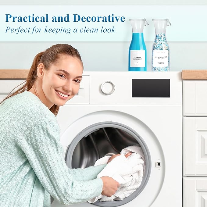 Laundry Detergent Dispenser Bottle 20oz with Waterproof Label for Laundry Detergent Soap Fabric Softener Bleach Scent Booster Beads, Sturdy PET Bottle for Laundry Room Decor 2 Pack White