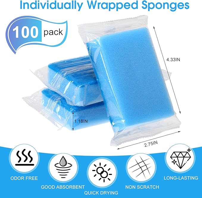 Tioncy 100 Pcs Individually Wrapped Sponges Kitchen Bulk Blue Dish Non Scratch Scrub Sponges Dual Sided Cleaning Dish Scrubber for Washing Dishes, Pots, Pans, Sinks, Stoves, Appliances, Car, Bike