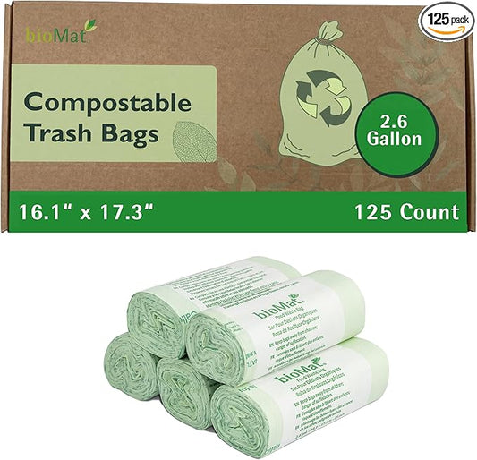 bioMat 2.6 Gallon Compostable Trash Bags, 125 Count, Compost Bags for Countertop Bins, BPI ASTM D6400 and CMA Certified Small Trash Bags
