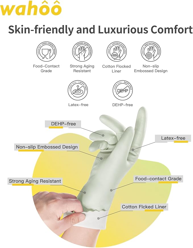 wahoo Skin-Friendly Cleaning Gloves, Reusable Dishwashing Gloves with Flocked Cotton Liner, Dishwashing, Kitchen, Canary Green, Large