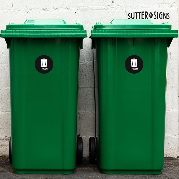 Sutter Signs 3pk Trash Stickers | 4" Weatherproof Waste Management Label Sign Decals for Outside Waste, Garbage Cans, and Trash Bins