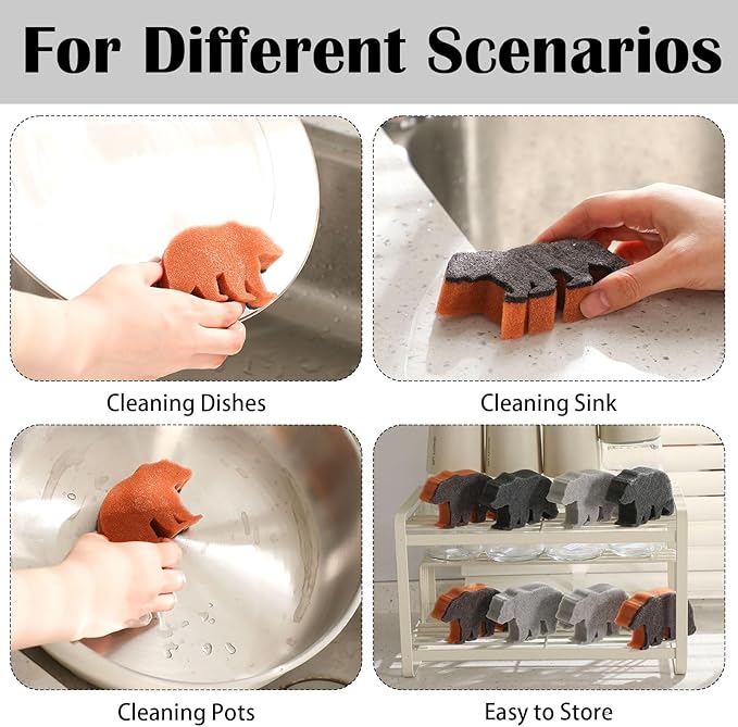 Tioncy 12 Pack Rustic Bear Kitchen Sponges Bulk Dual Sided Scrubber Brown Black Bear Sponges Dishwashing Kitchen Cleaning Accessories for Funny Christmas Holiday Household Supplies