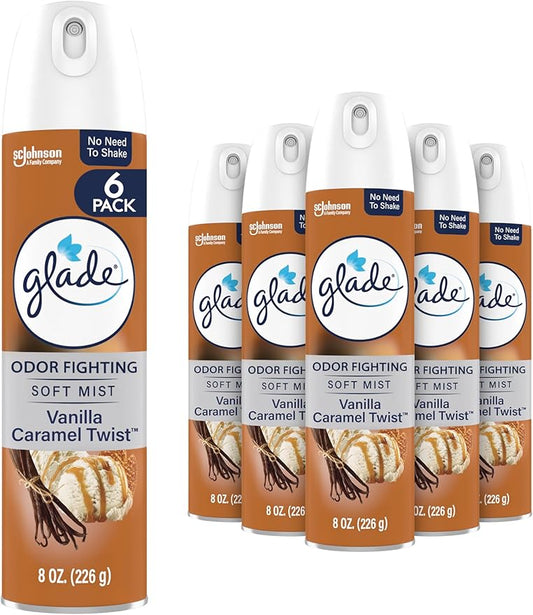 Glade Air Freshener Room Spray, Vanilla Caramel Twist Scent, Odor Fighting to Deliver Long Lasting Freshness, 8 Oz, 6 Count