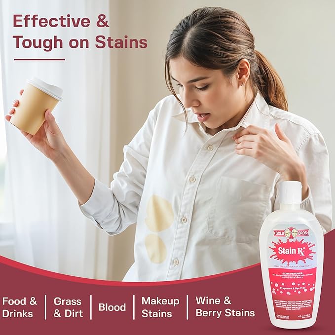 Stain Remover, Effectively Eliminates Stains from Wine, Berries & Blood on Fabrics, Carpets, Upholstery & Jewelry, Dye-Free, Free from Bleach, Peroxides & Phosphates, Made in USA, 10 oz
