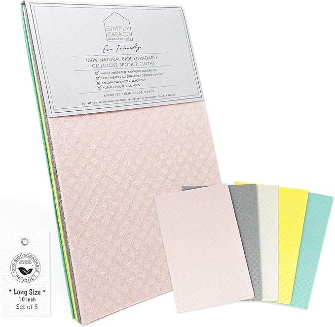 Long Swedish Dishcloth Sponge Pack of 5, Eco-Friendly 100% Biodegradable Cellulose Sponge Cleaning Cloths, Kitchen Cloths