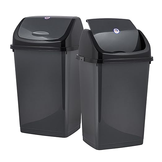 Superio 13 Gallon Plastic Swing Lid Trash Can, Grey/Black 2 Pack, Ideal for Home, Office, Garage, Patio, and Outdoor Use