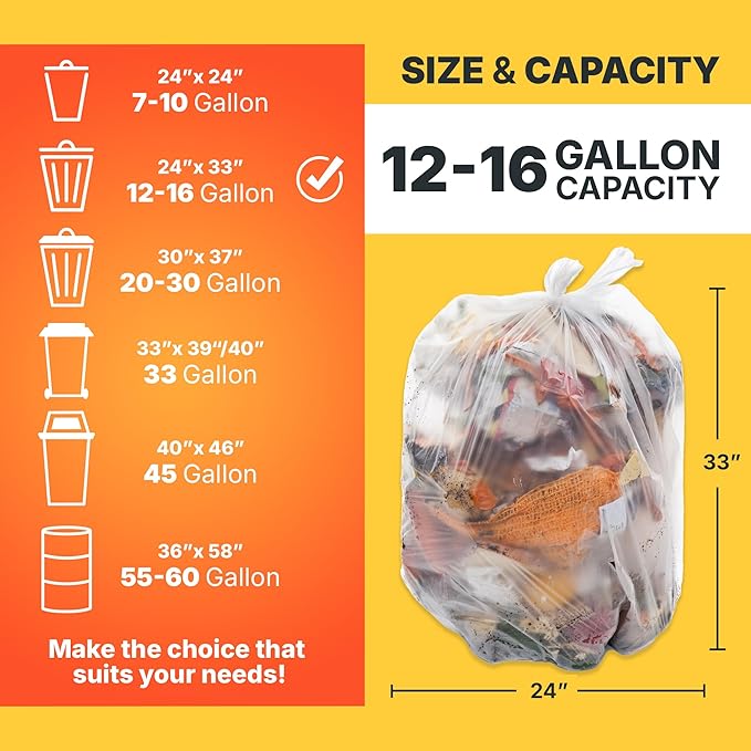 12-16 Gallon Trash Bags, 8 Micron High Density Garbage Can Liners Bulk, 24" x 33", Natural Clear, 1000 Count