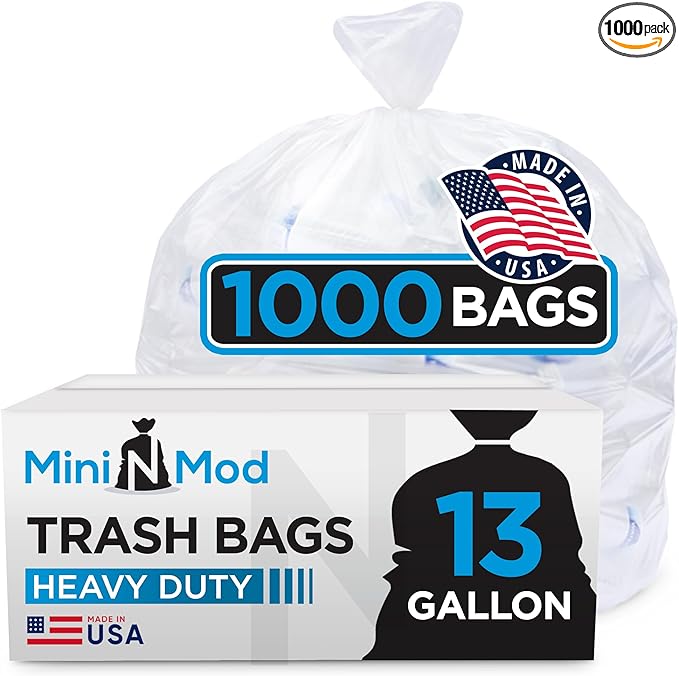 Clear 13 Gallon Trash Bags – Bulk 1000 Count – Tall Kitchen Garbage Bags – 13 Gal Unscented Plastic Can Liners for Bathroom, Office, Janitorial, Commercial, Industrial, Municipal – Drawstring-Free