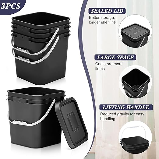 Mumufy 3 Pcs 3.5 Gallon Square Food Grade Bucket with Lid Square Bucket Pail with Plastic Handles for Storing Dry Food, Charcoal, Camping, Fishing (Black)