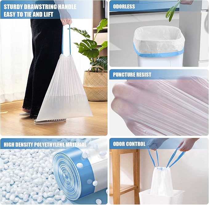 FORID Mini Drawstring Trash Bags - 2 Gallon Small Bathroom Garbage Bags White Plastic Trash Can Liners Disposable Unscented Wastebasket Bags 60 Count for Office bedroom Home 7.5 Liter