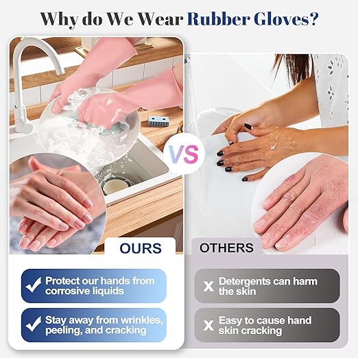 Rubber Kitchen Dishwashing Gloves - 3 Pairs Reusable Household Cleaning Gloves, Flexible and Durable & Non-slip Cleaning Gloves, Great for Kitchen, Bathroom, Laundry (Medium, Pink+Blue+Grey)