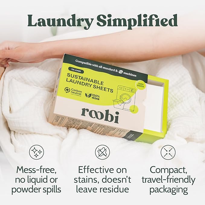 Roobi Laundry Detergent Sheets. Up to 128 Loads, Liquidless Detergent. Carbon Neutral, 100% Vegan & Sustainable Linen Breeze Scent.