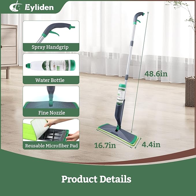 Eyliden Floor Spray Mop with Bio-Enzyme Cleaner Kit | Multi-Surface Cleaner Concentrate, Refillable Mops Safe for All Home, Office Floors Cleaning, 2 Washable Microfiber Pads