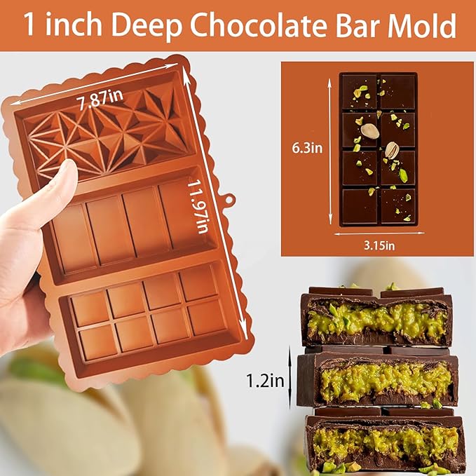Dubai Chocolate Bar Mold - 3 Different Shapes, 1 Inch Deep Chocolate Molds Silicone,Large And Thick Candy Bar Baking Molds - Set of 2