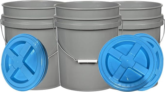 House Naturals 5 Gallon Food Grade Made in USA Plastic Bucket with Screw On Air Tight Double Gasket lid, (Pack of 3) (Gray Buckets - Aqua Lids)