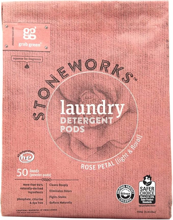 Grab Green Stoneworks Natural Laundry Detergent Powder Pods, Rose Petal, 50 loads