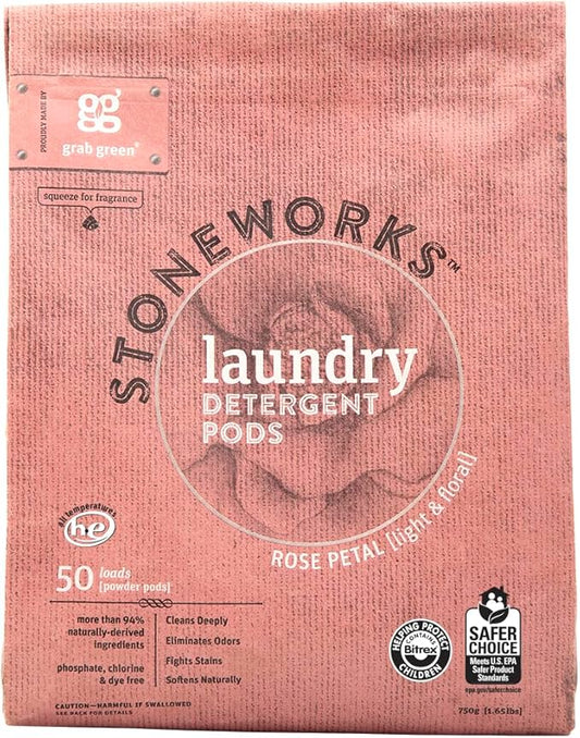 Grab Green Stoneworks Natural Laundry Detergent Powder Pods, Rose Petal, 50 loads