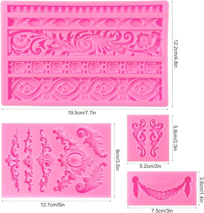 Rainmae 4 Pcs Baroque Fondant Silicone Molds, Relief Flower Lace Chocolate Mould, Scroll Lace Clay Mold, Filigree Mold 3D Sculpted Decoration, Cupcake Topper, Jewelry, Polymer Clay, Crafting Projects