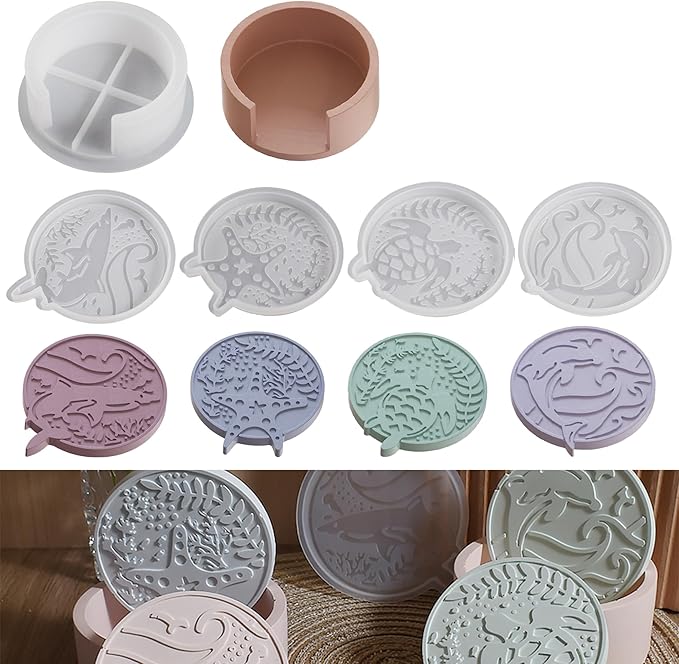 5 Pack Ocean Style Coaster Mold Set - 1 Holder + 4 Resin Casting Molds for Candle Making, Home Decor, 3D Animal Designs