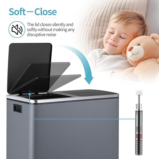 16 Gallon Rectangular Stainless Steel Trash Can, Dual Compartment Garbage Bin with Recycling Combo, Metal Dustbin Lid, Removable Liner, Indoor Hands Free Waste Bucket for Kitchen Home