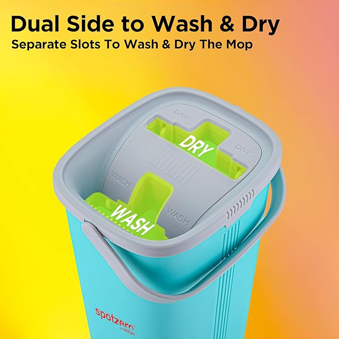 Spotzero by Milton Flat Mop and Bucket with Wringer Set, 5L – 360° Spin Mop for Floor and Wall Cleaning, Adjustable Handle, Easy Wring System, Includes 2 Reusable Microfiber Pads