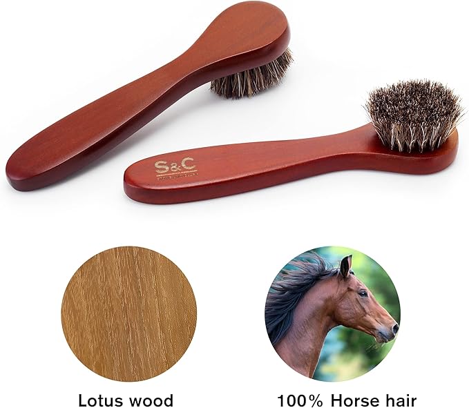 Premium Shoe Polish Brush Set - Horse Hair Brushes, Shoe Polish Applicator for Leather Footwear - Shoe Brushes for Cream & Polish - Made of White Horse Hair & Lotus Wood Handle