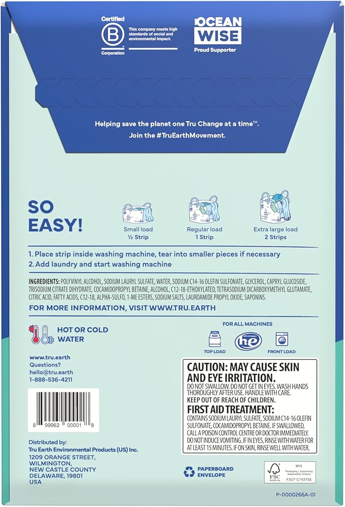 Tru Earth Compact Dry Laundry Detergent, Unscented - Up to 64 Loads (32 Sheets) | Liquidless Detergent, Travel | Packaging May Vary