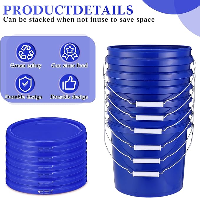 6 Pack 2 Gallon Plastic Bucket with Lid Heavy Duty Pail with Metal Handle Reusable Small Multipurpose Paint Buckets Container for Food Storage(Dark Blue)