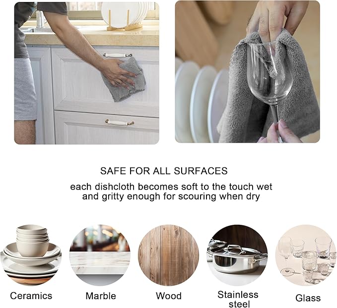 kimteny Kitchen Cloth Dish Towels, 13x28 Inches Premium Dishcloths, Super Absorbent Coral Velvet Microfiber Cleaning Cloths, Fast Drying Rags for Washing Dishes (13x28-6 Pack, Grey)